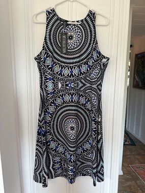 NY Collection Black and Blue Printed Midi Dress